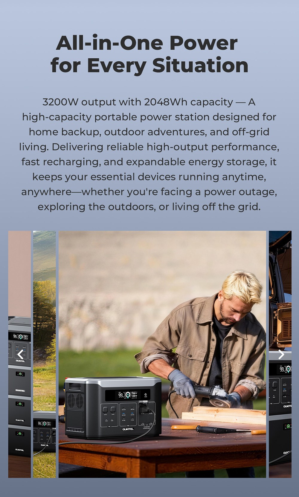 OUKITEL BP3000E Station d'alimentation portable, batterie LiFePO4 de 2048Wh, sortie AC de 3200W (6400W en cr&ecirc;te), 4 sorties AC, entr&eacute;e solaire MPPT de 1000W, UPS <10ms, contr&ocirc;le via application Bluetooth et WiFi, 2&times;USB-C PD100W, 2&times;USB-A QC3.0