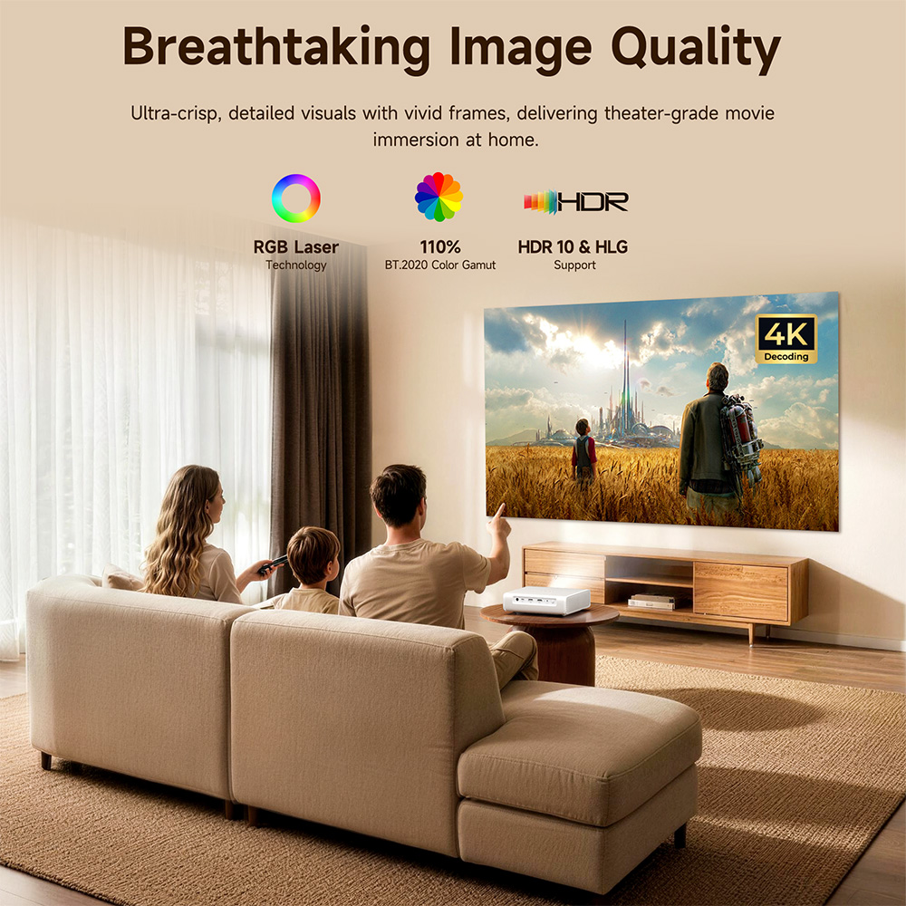 ETOE Dolphin 2 projektor, RGB l&eacute;zer 1080P FHD, Google TV, 800 ANSI lumen, 110% BT.2020 sz&iacute;nsk&aacute;la, automatikus trap&eacute;zkorrekci&oacute; &eacute;s f&oacute;kusz, 2 &oacute;r&aacute;s akkumul&aacute;tor-&uuml;zemidő, Dolby Audio, WiFi Bluetooth, HDMI 2.1 USB-C, 40&ndash;120 h&uuml;velykes vetők