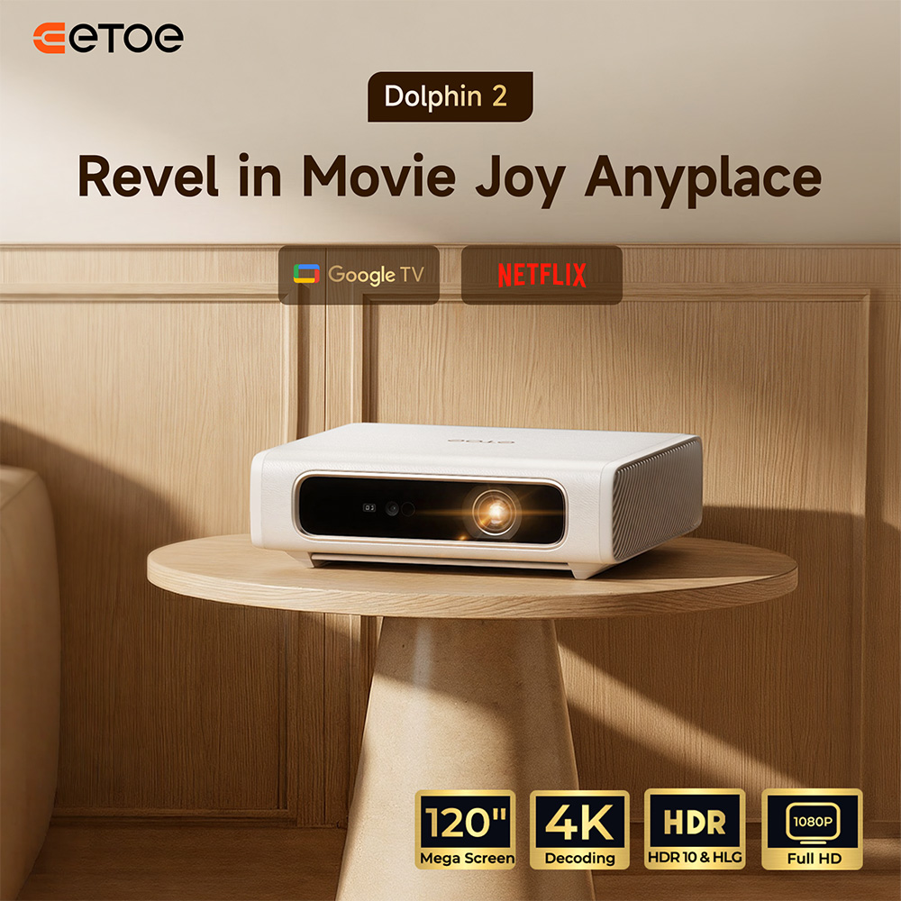 ETOE Dolphin 2 projektor, RGB l&eacute;zer 1080P FHD, Google TV, 800 ANSI lumen, 110% BT.2020 sz&iacute;nsk&aacute;la, automatikus trap&eacute;zkorrekci&oacute; &eacute;s f&oacute;kusz, 2 &oacute;r&aacute;s akkumul&aacute;tor-&uuml;zemidő, Dolby Audio, WiFi Bluetooth, HDMI 2.1 USB-C, 40&ndash;120 h&uuml;velykes vetők