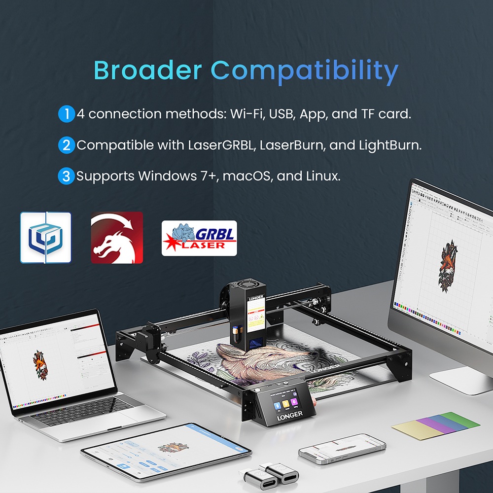 LONGER RAY5 20W Laser Engraver Cutter, Fixed Focus, 0.08*0.1mm Laser Spot, Color Touchscreen, 32-Bit Chipset, Support APP Connection, Working Area 375*375mm