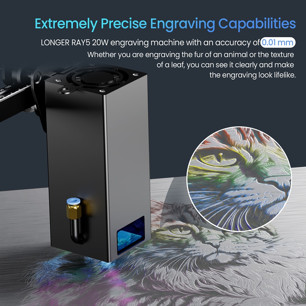 LONGER RAY5 Graveur laser, 20 W, mise au point fixe, point laser 0,08*0,1 mm, écran tactile couleur, chipset 32 bits, prise en charge de la connexion APP, zone de travail 400*365 mm