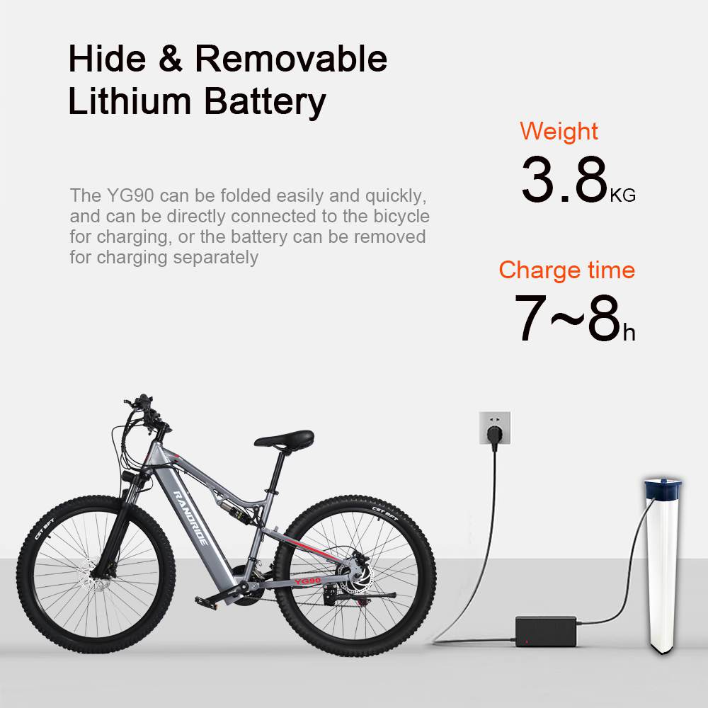 RANDRIDE YG90A Vélo électrique, Moteur 1000W, Vitesse max 45km/h, Batterie amovible 48V 17Ah, Autonomie max 70-90KM, Pneus 27.5*2.4'' CST, Charge 120kg, Shimano 21 vitesses, Frein hydraulique - Bleu