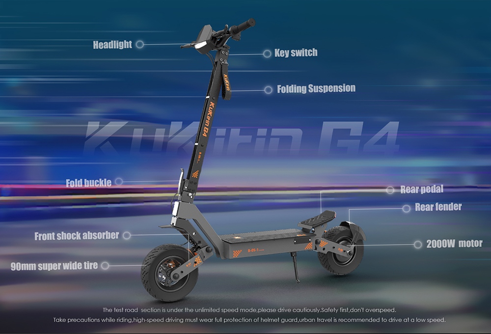 KuKirin G4 (version 2026) Trottinette électrique, moteur 2000W, batterie 60V 20Ah, pneus de 11 pouces, vitesse maximale de 70 km/h, autonomie de 75 km, freins à disque avant et arrière, amortisseur à quatre bras.