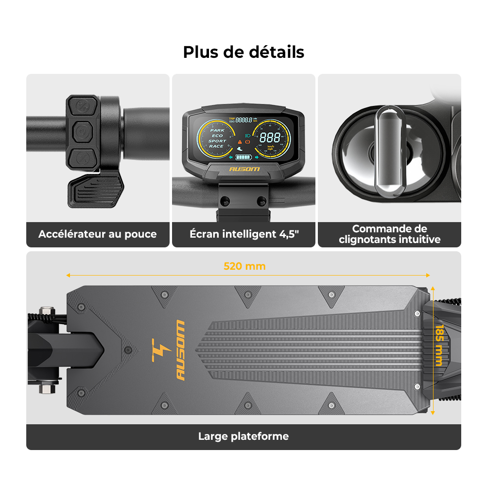 Ausom K20 Trottinette Électrique Monomoteur, moteur 1100W, autonomie jusqu’à 70 km, vitesse max. 45 km/h, batterie 48V 13,5Ah, pente 20 %, freins à disque + E-ABS, pneus tubeless 10", suspension, déverrouillage NFC, pliable pour trajets quotidiens