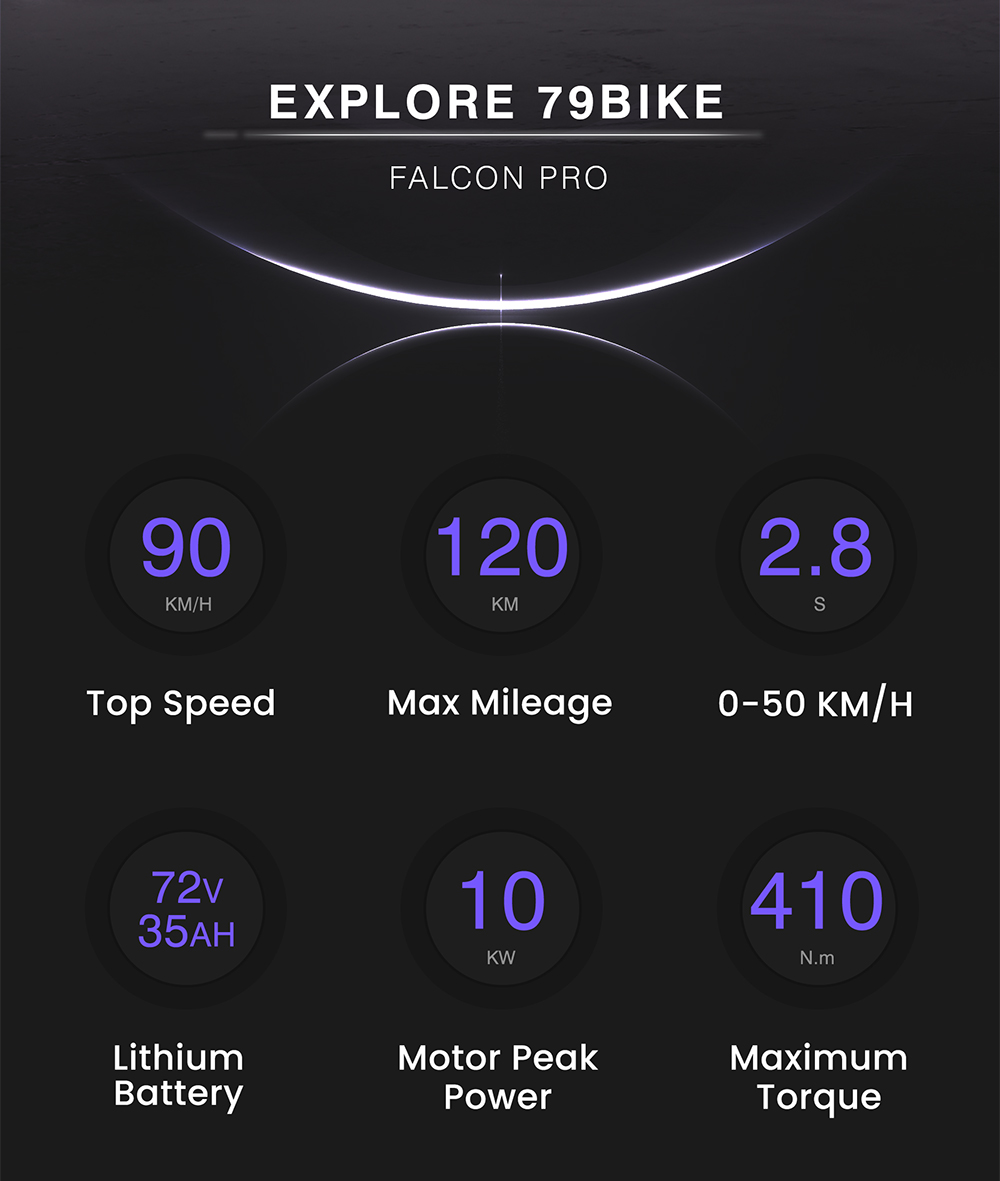 Moto &eacute;lectrique 79BIKE Falcon Pro, puissance de cr&ecirc;te de 10 kW, vitesse maximale de 90 km/h, batterie amovible 72 V 35 Ah, autonomie de 120 km, d&eacute;verrouillage NFC, freins &agrave; disque hydrauliques, suspension r&eacute;glable, performances tout-terrain - Noir et rouge