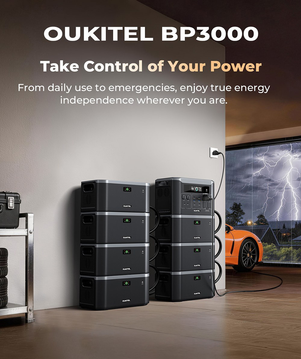 OUKITEL BP3000E Station d'alimentation portable, batterie LiFePO4 de 2048Wh, sortie AC de 3200W (6400W en cr&ecirc;te), 4 sorties AC, entr&eacute;e solaire MPPT de 1000W, UPS <10ms, contr&ocirc;le via application Bluetooth et WiFi, 2&times;USB-C PD100W, 2&times;USB-A QC3.0