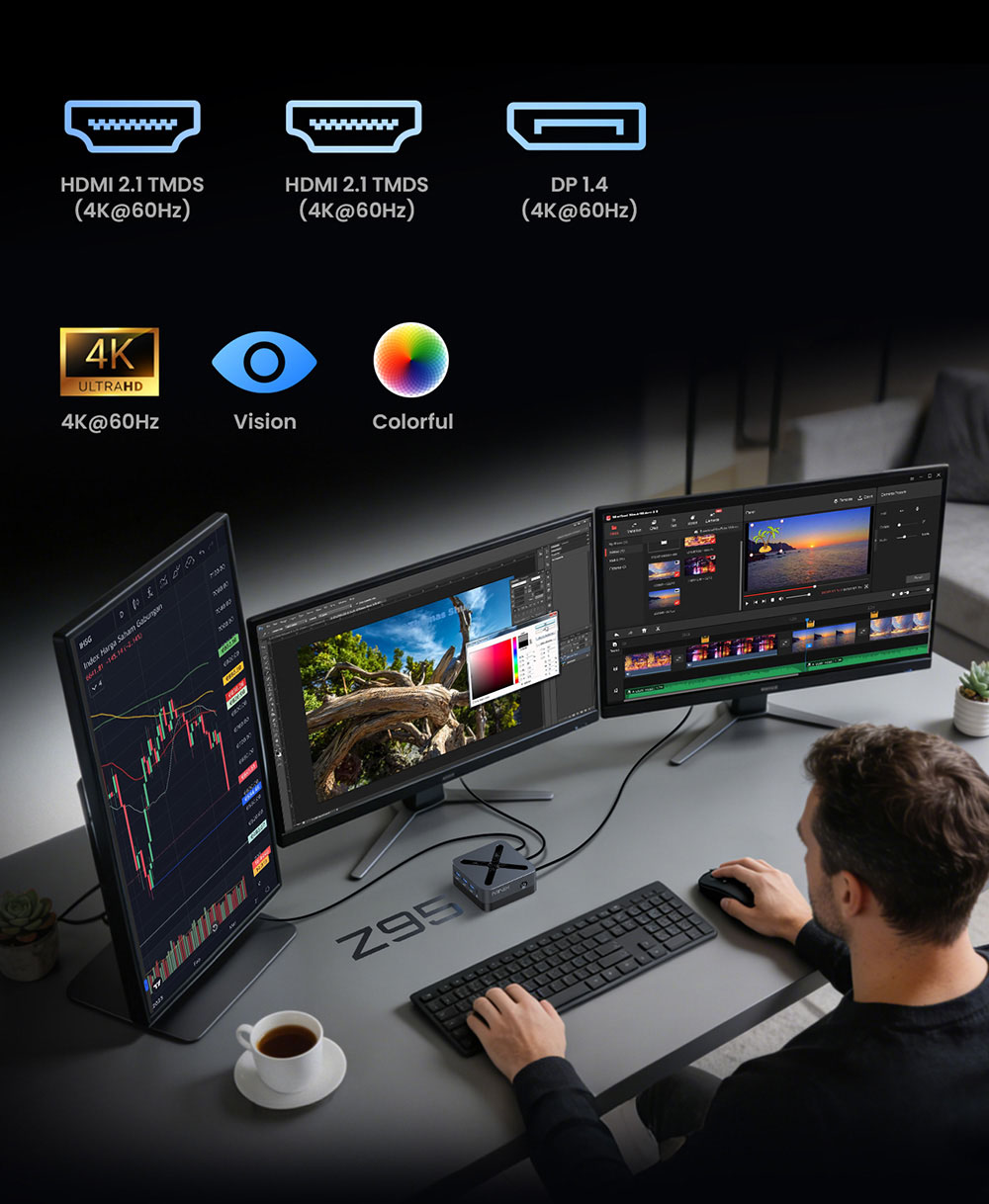 MINIX Z95 Mini PC, Intel N95 Quad-Core jusqu’à 3,4 GHz, 16Go LPDDR5X RAM + SSD PCIe NVMe 512Go, Triple Affichage 4K DP + Double HDMI 2.1, WiFi 5 Bluetooth 5.0, Double Gigabit Ethernet, Refroidissement Actif Compact