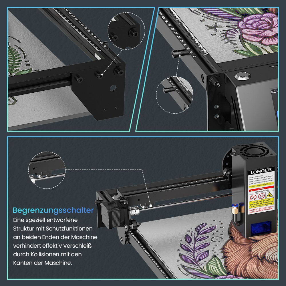 LONGER RAY5 20W Lasergravierer, 0,08*0,1mm Laserspot, Farb-Touchscreen, 32-Bit-Chipsatz, App-Verbindung, 400*365mm
