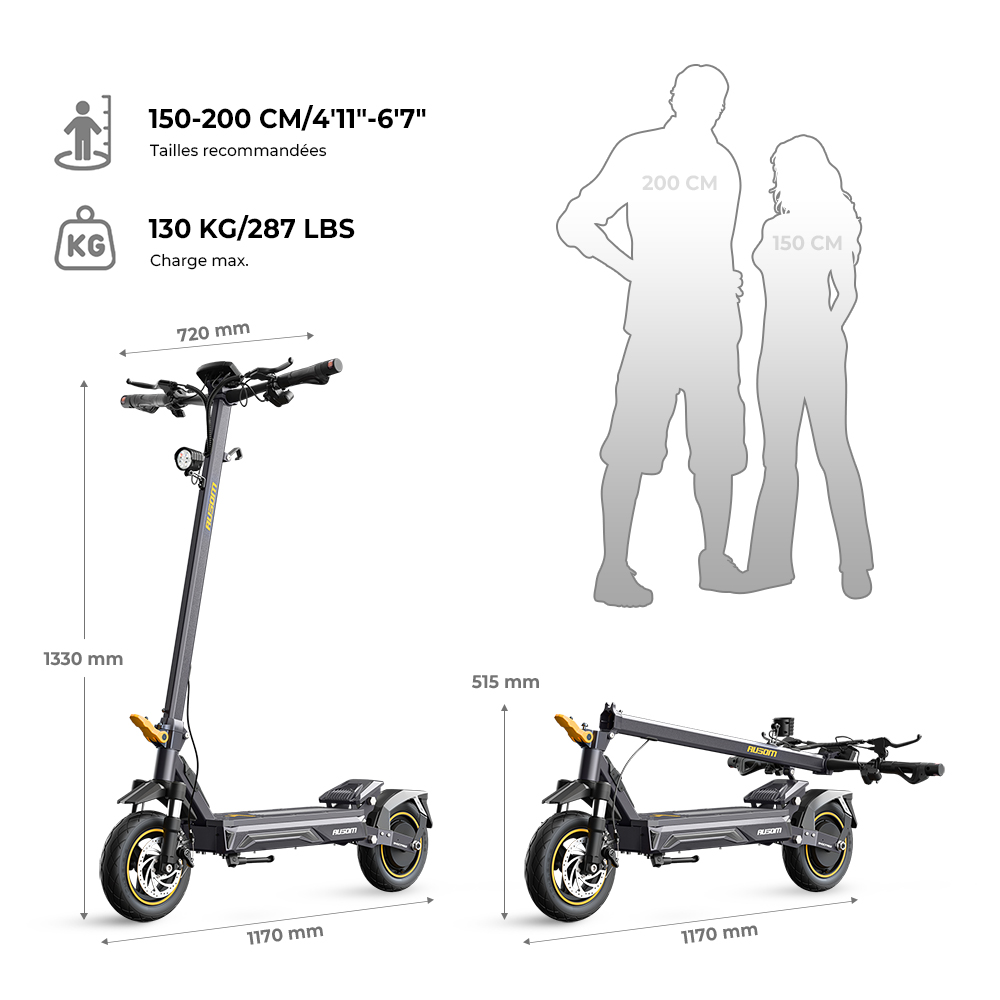 Ausom K20 Trottinette Électrique Monomoteur, moteur 1100W, autonomie jusqu’à 70 km, vitesse max. 45 km/h, batterie 48V 13,5Ah, pente 20 %, freins à disque + E-ABS, pneus tubeless 10", suspension, déverrouillage NFC, pliable pour trajets quotidiens