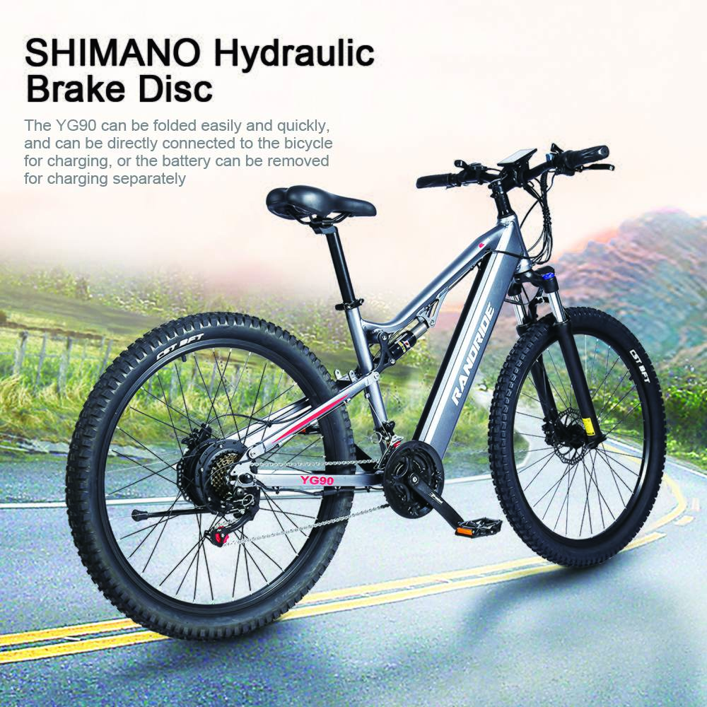 RANDRIDE YG90A Vélo électrique, Moteur 1000W, Vitesse max 45km/h, Batterie amovible 48V 17Ah, Autonomie max 70-90KM, Pneus 27.5*2.4'' CST, Charge 120kg, Shimano 21 vitesses, Frein hydraulique - Bleu