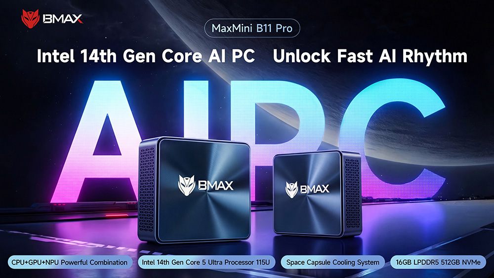 Mini PC BMAX B11 Pro, processeur Intel Core Ultra 5 115U (8 c&oelig;urs, 10 threads, fr&eacute;quence maximale de 4,2 GHz), 16 Go de RAM LPDDR5, SSD PCIe NVMe de 512 Go, double caloduc en cuivre, triple sortie vid&eacute;o (DP + HDMI + Type-C), Wi-Fi 6, Bluetooth 5.2, port RJ45 2,5 GHz, 2 ports USB 3.2, 2 ports USB 2.0