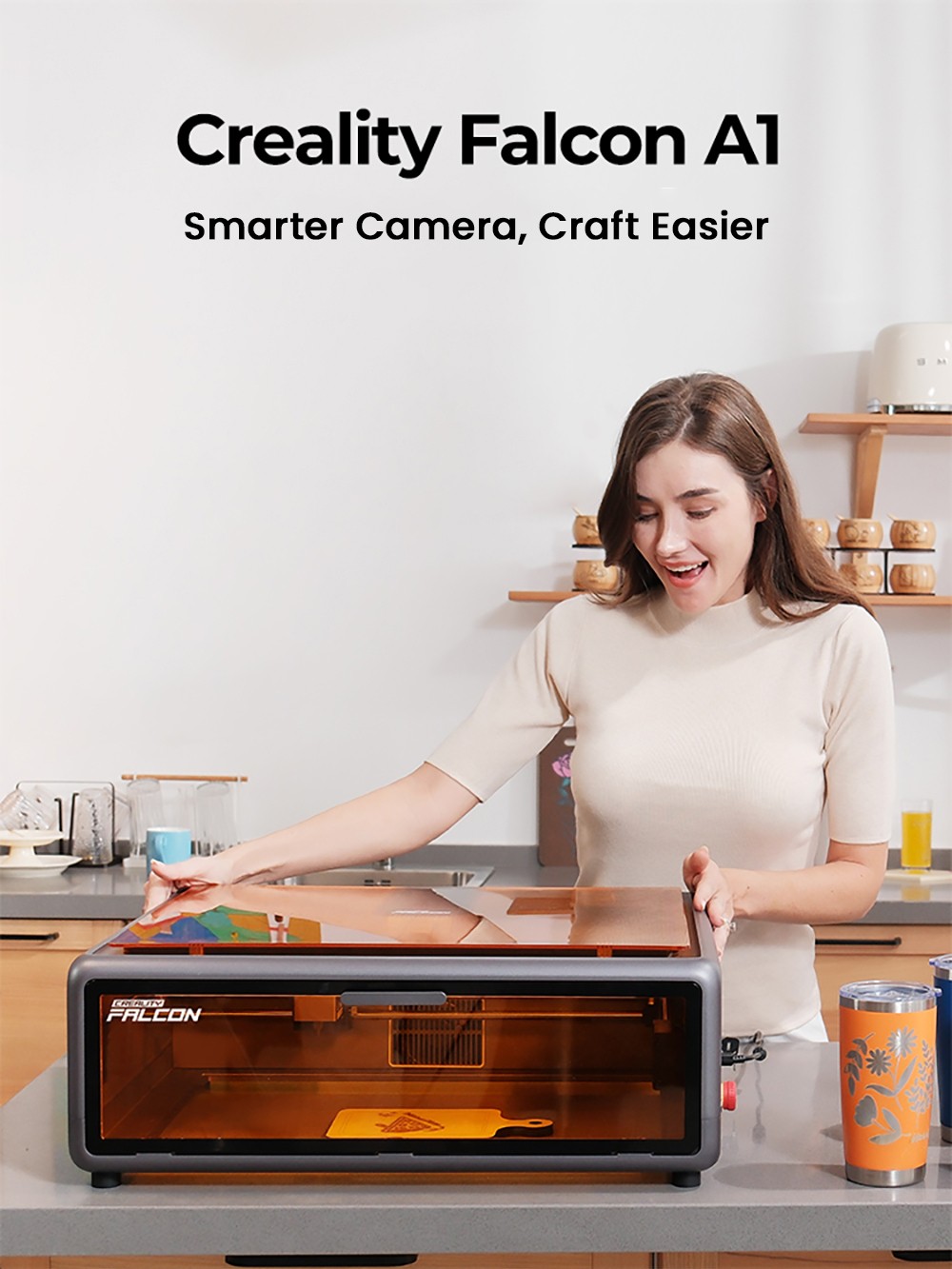 Creality Falcon A1 10W Laser Engraver Cutter, 600mm/s High-Speed Engraving, 0.06-0.08mm Precision Laser, 305&times;381mm Working Area, Smart Material Detection, HD Camera, Eye-Protection Cover, Built-in Exhaust Fan, One-Click Auto Setup - White
