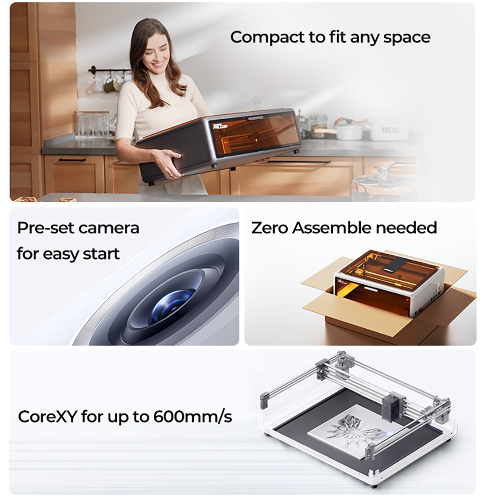 Creality Falcon A1 10W Laser Engraver Cutter, 600mm/s High-Speed Engraving, 0.06-0.08mm Precision Laser, 305&times;381mm Working Area, Smart Material Detection, HD Camera, Eye-Protection Cover, Built-in Exhaust Fan, One-Click Auto Setup - White