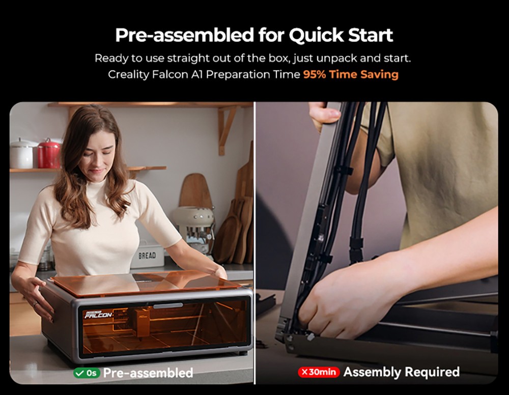 Creality Falcon A1 10W Laser Engraver Cutter, 600mm/s High-Speed Engraving, 0.06-0.08mm Precision Laser, 305&times;381mm Working Area, Smart Material Detection, HD Camera, Eye-Protection Cover, Built-in Exhaust Fan, One-Click Auto Setup - White