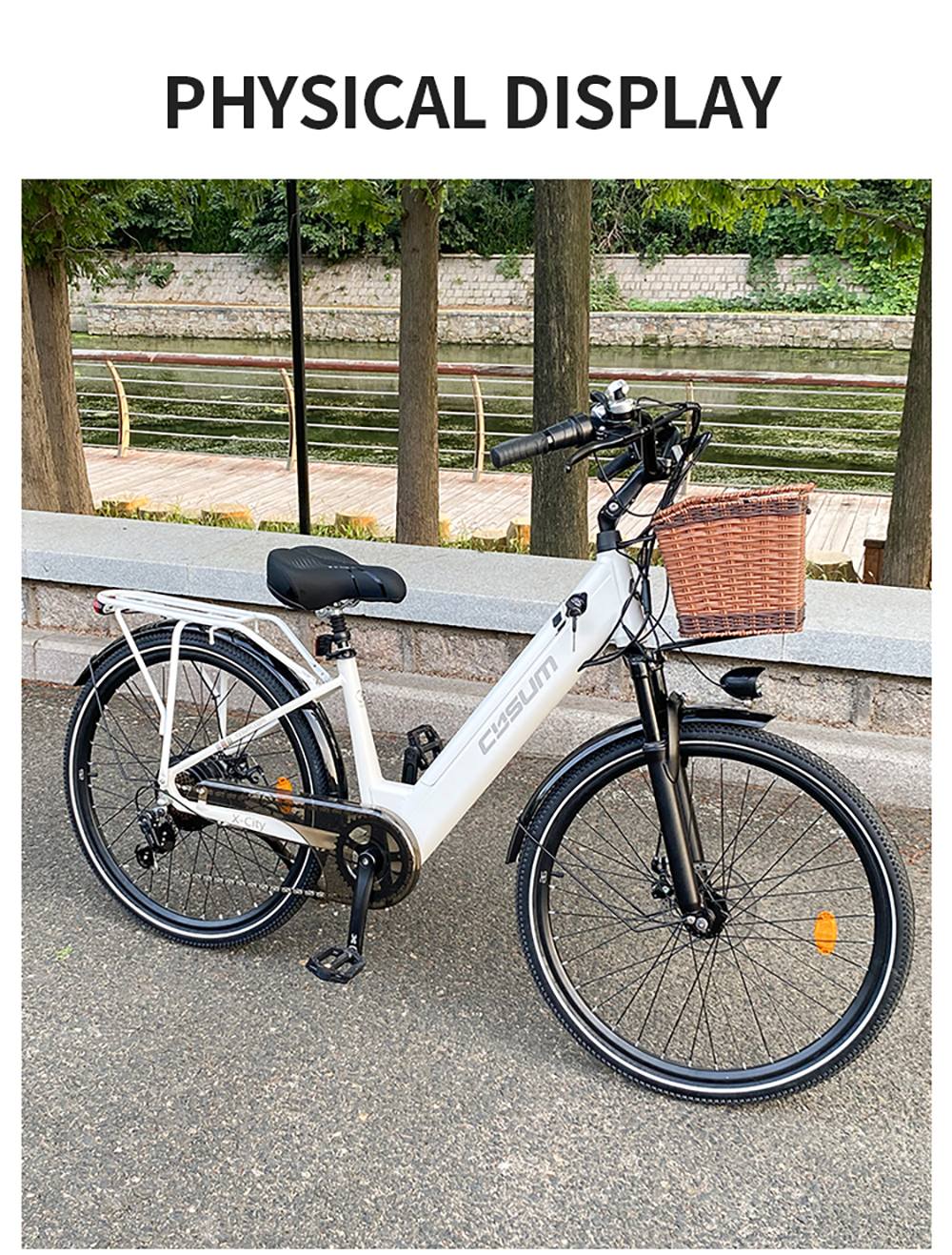 Cysum X-city Electric Bike, 250W motor, 48V 10,4Ah vymeniteľná batéria, max. rýchlosť 25 km/h, dojazd 100 km, 26×1.95-palcové terénne pneumatiky, predné & zadné kotúčové brzdy, 7-stupňový pohon