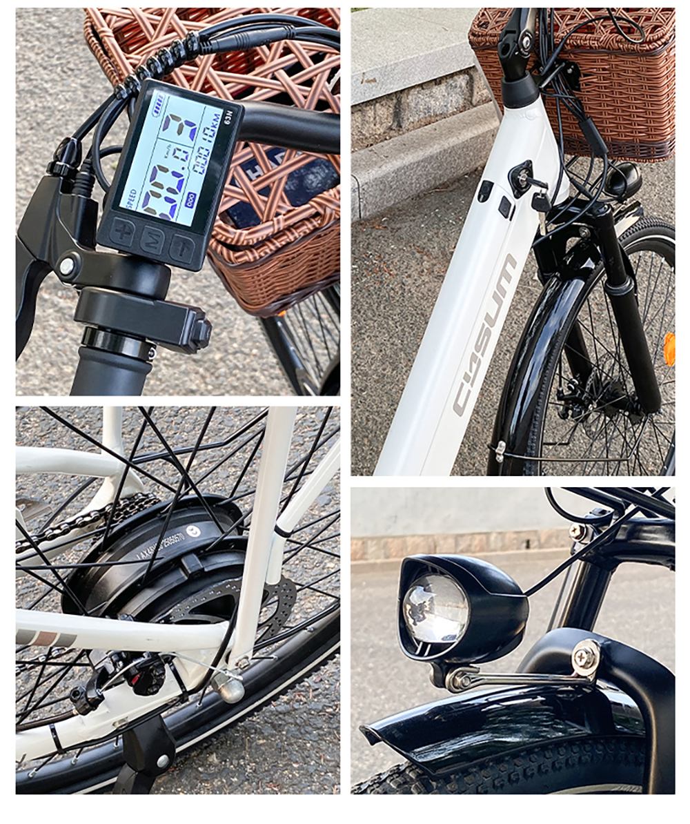 Cysum X-city Electric Bike, 250W motor, 48V 10,4Ah odnímateľná batéria, max. rýchlosť 25 km/h, dojazd 100 km, 26×1,95-palcové terénne pneumatiky, predné & zadné kotúčové brzdy, 7-stupňový pohon