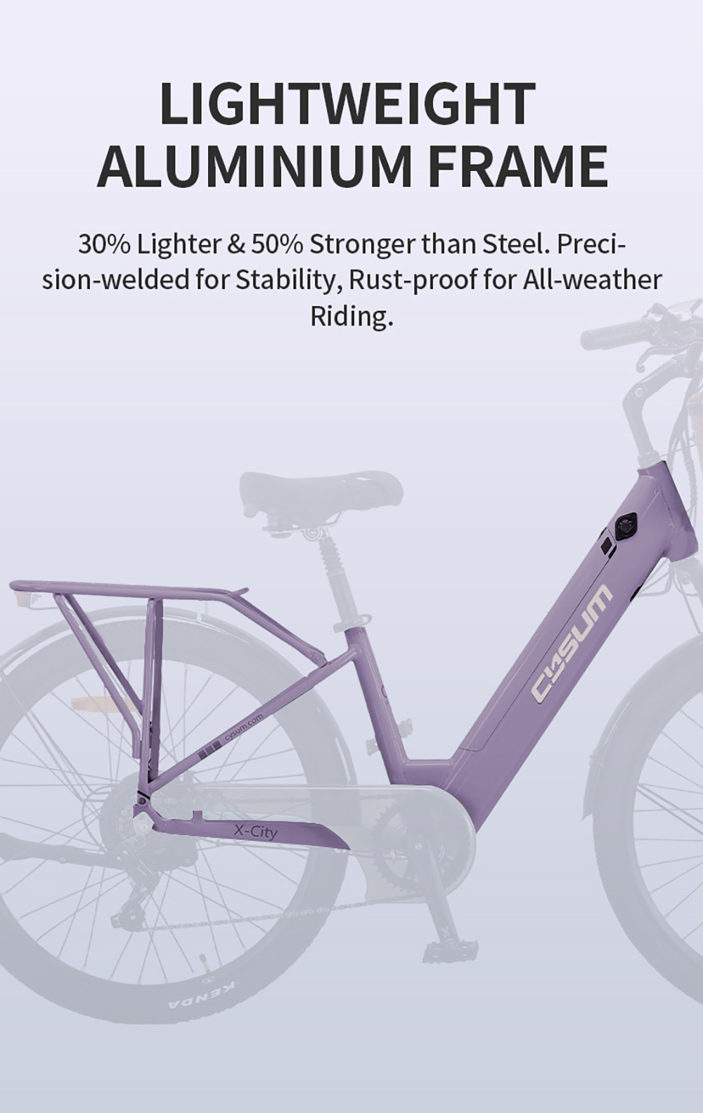Cysum X-city Electric Bike, 250W motor, 48V 10,4Ah vymeniteľná batéria, max. rýchlosť 25 km/h, dojazd 100 km, 26×1.95-palcové terénne pneumatiky, predné & zadné kotúčové brzdy, 7-stupňový pohon