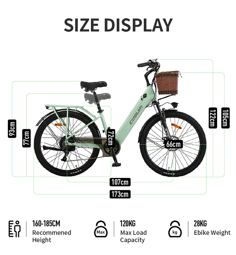 Cysum X-city Electric Bike, 250W motor, 48V 10,4Ah vymeniteľná batéria, max. rýchlosť 25 km/h, dojazd 100 km, 26×1.95-palcové terénne pneumatiky, predné & zadné kotúčové brzdy, 7-stupňový pohon