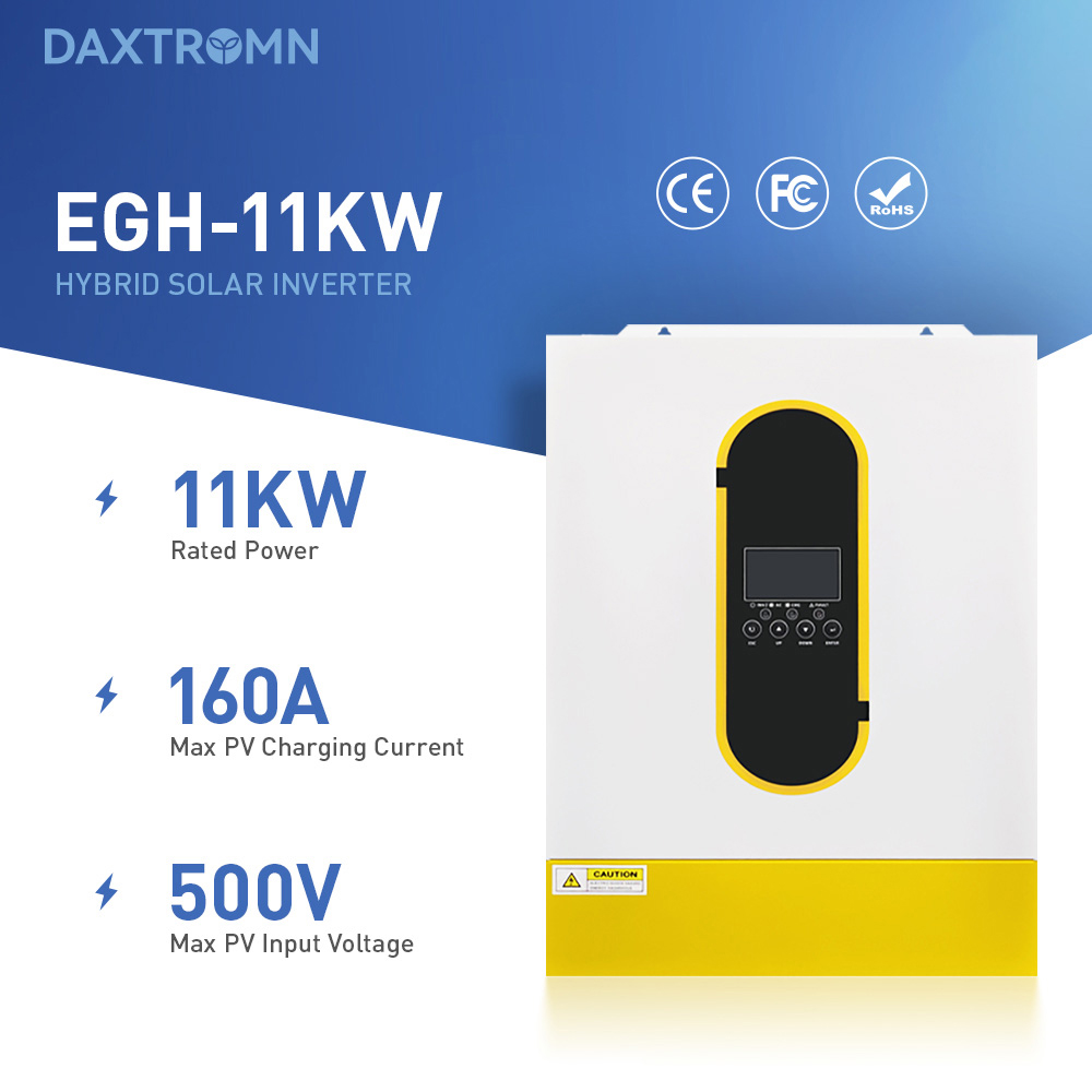 DAXTROMN 11kW hibrid napelemes inverter, ki/be kapcsolhat&oacute; h&aacute;l&oacute;zati rendszer, 48V tiszta szinuszhull&aacute;m, kettős MPPT, 500V maxim&aacute;lis PV bemenet, 11000W maxim&aacute;lis PV bemenet, 160A MPPT t&ouml;lt&eacute;s, 22000VA t&uacute;lfesz&uuml;lts&eacute;g, RS485 LiFePO4 kompatibilis, 10ms &aacute;tviteli idő