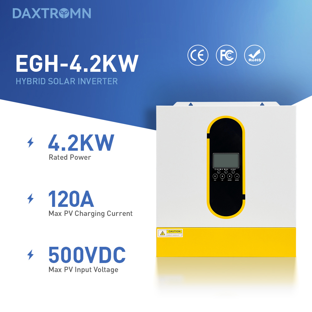 DAXTROMN 4,2 kW-os hibrid napelemes inverter, 24 V-os tiszta szinuszhull&aacute;m, 500 V maxim&aacute;lis PV bemenet, 120 A MPPT t&ouml;lt&eacute;s, 6200 W maxim&aacute;lis PV bemenet, 8400 VA t&uacute;lfesz&uuml;lts&eacute;g, kettős kimenet, RS485/RS232 monitoroz&aacute;s, 10 ms &aacute;tviteli idő