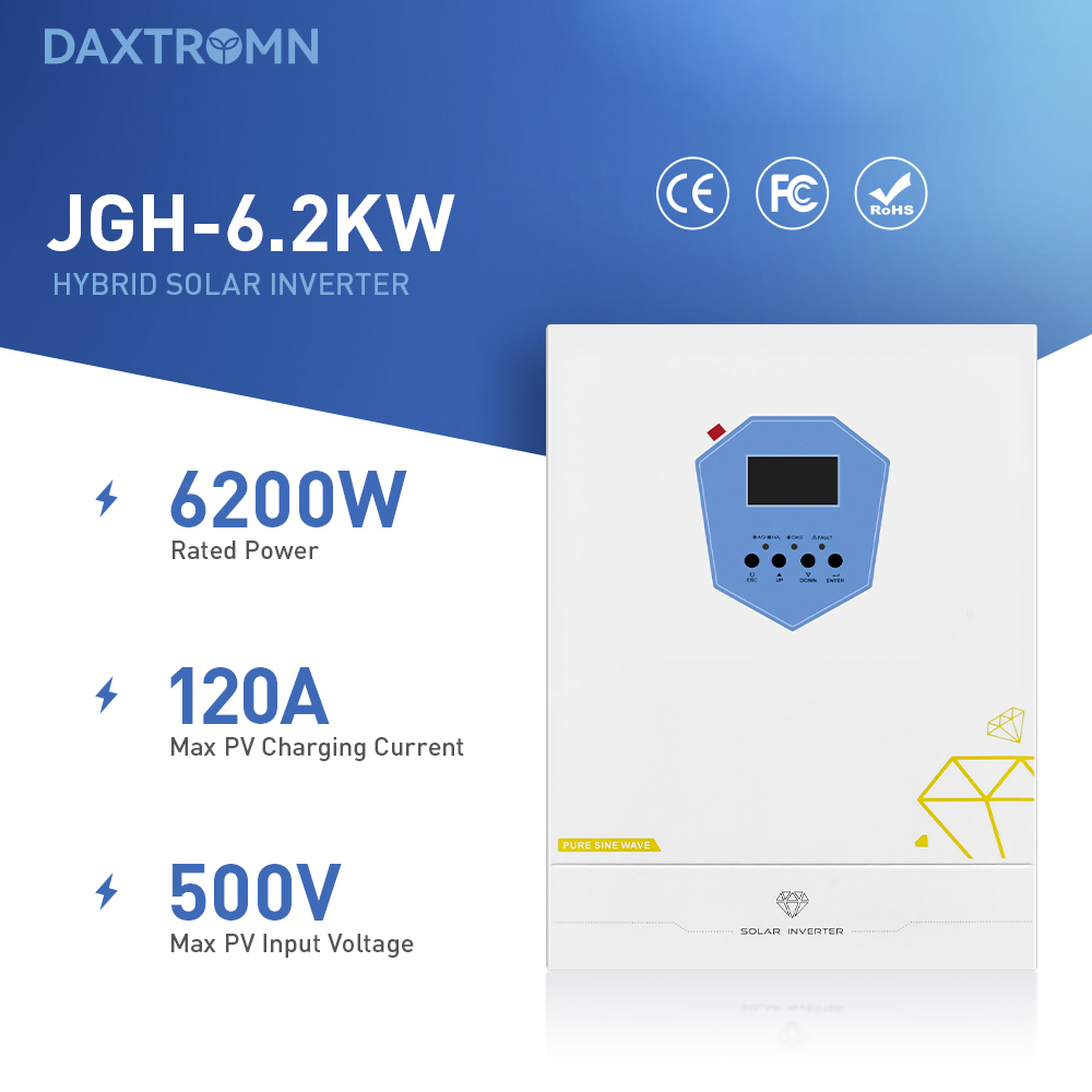 DAXTROMN 6,2 kW-os hibrid napelemes inverter, 48 V-os tiszta szinuszhull&aacute;m, 8500 W maxim&aacute;lis PV bemenet, 120 A PV t&ouml;lt&eacute;s, 500 V maxim&aacute;lis PV bemenet, 12400 VA t&uacute;lfesz&uuml;lts&eacute;g, h&aacute;l&oacute;zat-napelemes-akkumul&aacute;toros hibrid, UPS <10 ms &aacute;tvitel, RS232/WiFi/BMS fel&uuml;gyelet