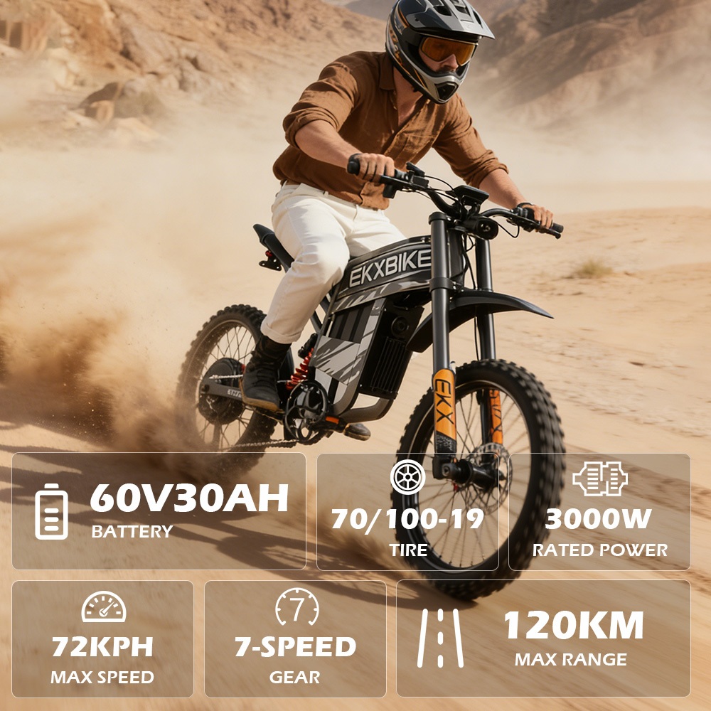 Elektrobicykel EKXBIKE TX1, 3000W motor, 60V 30Ah batéria, max. rýchlosť 80 km/h, dojazd 120 km, 19-palcové terénne pneumatiky, hydraulické kotúčové brzdy, predné & zadné hydraulické tlmiče, Shimano 7-rýchlostný