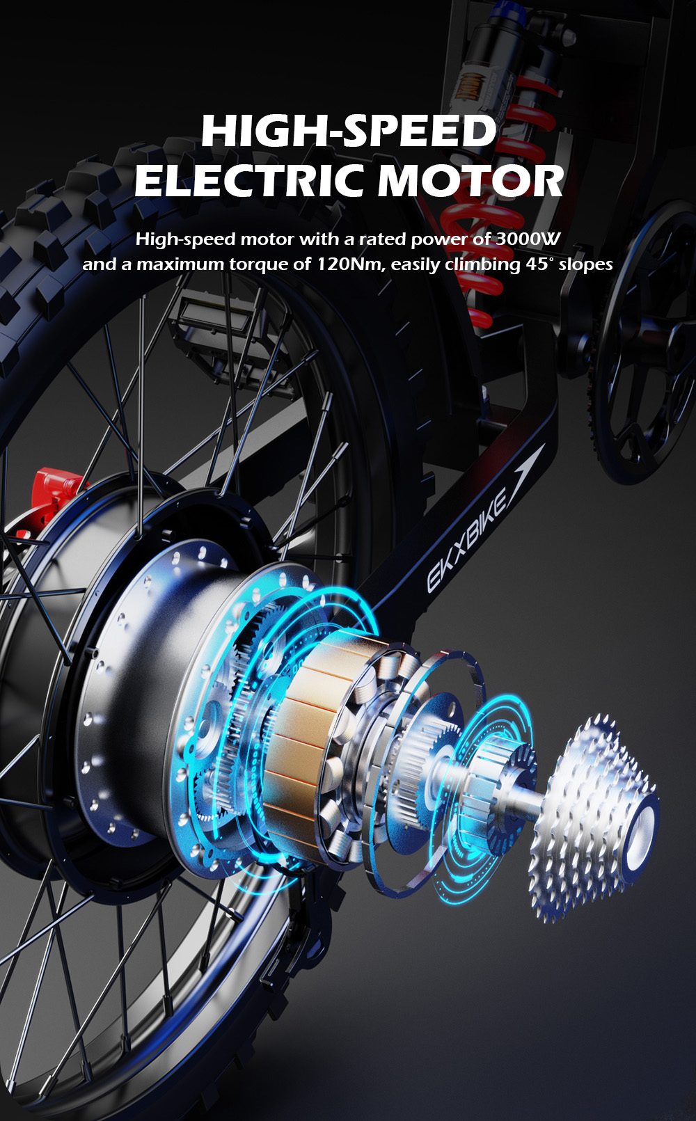 Elektrobicykel EKXBIKE TX1, 3000W motor, 60V 30Ah batéria, max. rýchlosť 80 km/h, dojazd 120 km, 19-palcové terénne pneumatiky, hydraulické kotúčové brzdy, predné & zadné hydraulické tlmiče, Shimano 7-rýchlostný