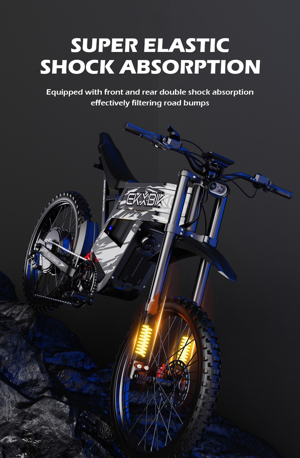 Elektrobicykel EKXBIKE TX1, 3000W motor, 60V 30Ah batéria, max. rýchlosť 80 km/h, dojazd 120 km, 19-palcové terénne pneumatiky, hydraulické kotúčové brzdy, predné & zadné hydraulické tlmiče, Shimano 7-rýchlostný