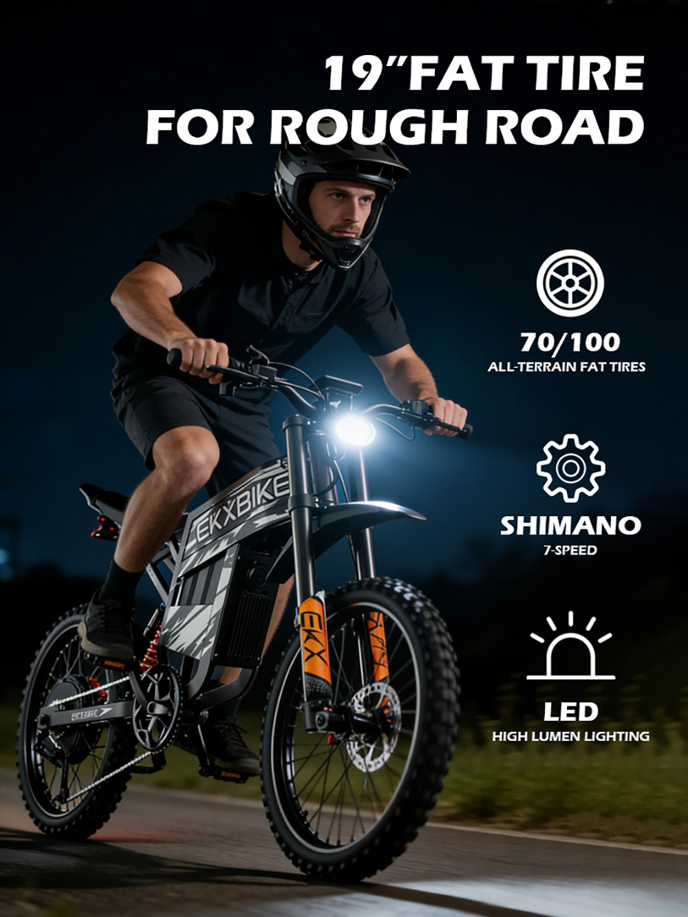 Elektrobicykel EKXBIKE TX1, 3000W motor, 60V 30Ah batéria, max. rýchlosť 80 km/h, dojazd 120 km, 19-palcové terénne pneumatiky, hydraulické kotúčové brzdy, predné & zadné hydraulické tlmiče, Shimano 7-rýchlostný