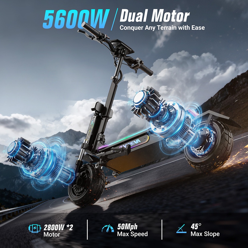FENGQS GT7 Faltbarer Elektroroller, zwei 2800-W-Motoren, 60-V-27-Ah-Akku, 80 km/h H&ouml;chstgeschwindigkeit, 89 km Reichweite, 11-Zoll-Gel&auml;ndereifen, 45&deg; Steigf&auml;higkeit, Doppelfederung, Doppelbremsen, App-Steuerung, 150 kg maximale Zuladung