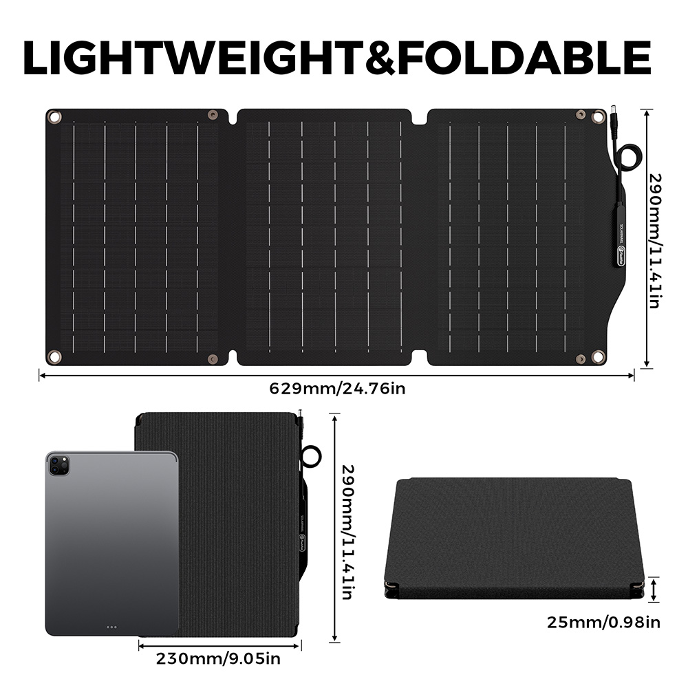 Panneau solaire pliable FlashFish SP18V30W, puissance &eacute;lev&eacute;e de 30 W, sortie 18 V CC, rendement de conversion &eacute;lev&eacute; de 21,6 %, &eacute;tanch&eacute;it&eacute; IP65, id&eacute;al pour le camping, les caravanes, la randonn&eacute;e, les stations d'alimentation ext&eacute;rieures et les situations d'urgence.