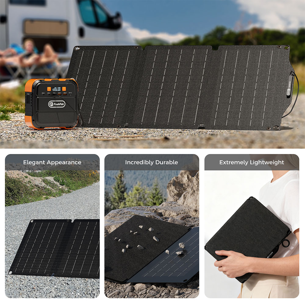 Panneau solaire pliable FlashFish SP18V30W, puissance &eacute;lev&eacute;e de 30 W, sortie 18 V CC, rendement de conversion &eacute;lev&eacute; de 21,6 %, &eacute;tanch&eacute;it&eacute; IP65, id&eacute;al pour le camping, les caravanes, la randonn&eacute;e, les stations d'alimentation ext&eacute;rieures et les situations d'urgence.