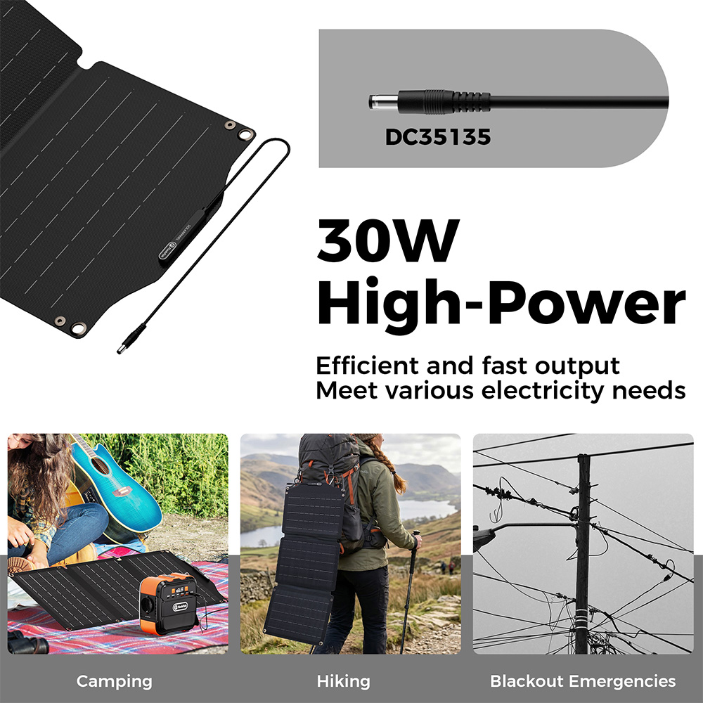 Panneau solaire pliable FlashFish SP18V30W, puissance &eacute;lev&eacute;e de 30 W, sortie 18 V CC, rendement de conversion &eacute;lev&eacute; de 21,6 %, &eacute;tanch&eacute;it&eacute; IP65, id&eacute;al pour le camping, les caravanes, la randonn&eacute;e, les stations d'alimentation ext&eacute;rieures et les situations d'urgence.