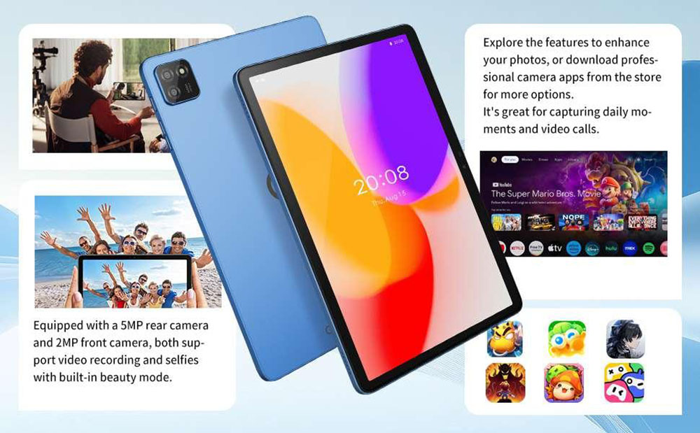 Tablette G-tab T9 Pro, &eacute;cran IPS 10,1 pouces (1280 x 800 pixels), processeur quadric&oelig;ur Allwinner A333, Android 15, 4 Go de RAM, 128 Go de ROM, Wi-Fi double bande 2,4 GHz/5 GHz, Bluetooth 5.0, GPS multi-satellites, double cam&eacute;ra 2 MP + 5 MP, batterie 5500 mAh