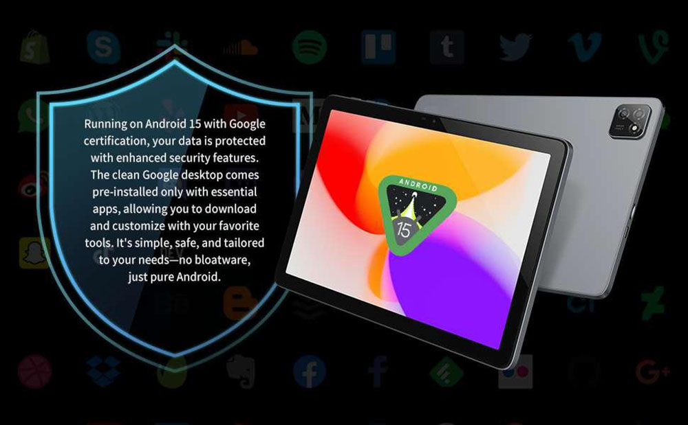 Tablette G-tab T9 Pro, &eacute;cran IPS 10,1 pouces (1280 x 800 pixels), processeur quadric&oelig;ur Allwinner A333, Android 15, 4 Go de RAM, 128 Go de ROM, Wi-Fi double bande 2,4 GHz/5 GHz, Bluetooth 5.0, GPS multi-satellites, double cam&eacute;ra 2 MP + 5 MP, batterie 5500 mAh