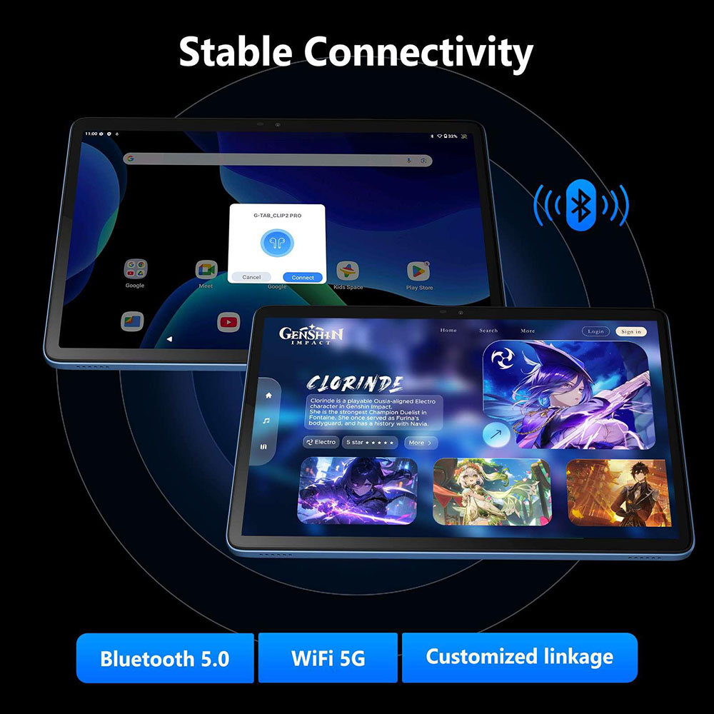 Tablette G-tab T9 Pro, &eacute;cran IPS 10,1 pouces (1280 x 800 pixels), processeur quadric&oelig;ur Allwinner A333, Android 15, 4 Go de RAM, 128 Go de ROM, Wi-Fi double bande 2,4 GHz/5 GHz, Bluetooth 5.0, GPS multi-satellites, double cam&eacute;ra 2 MP + 5 MP, batterie 5500 mAh