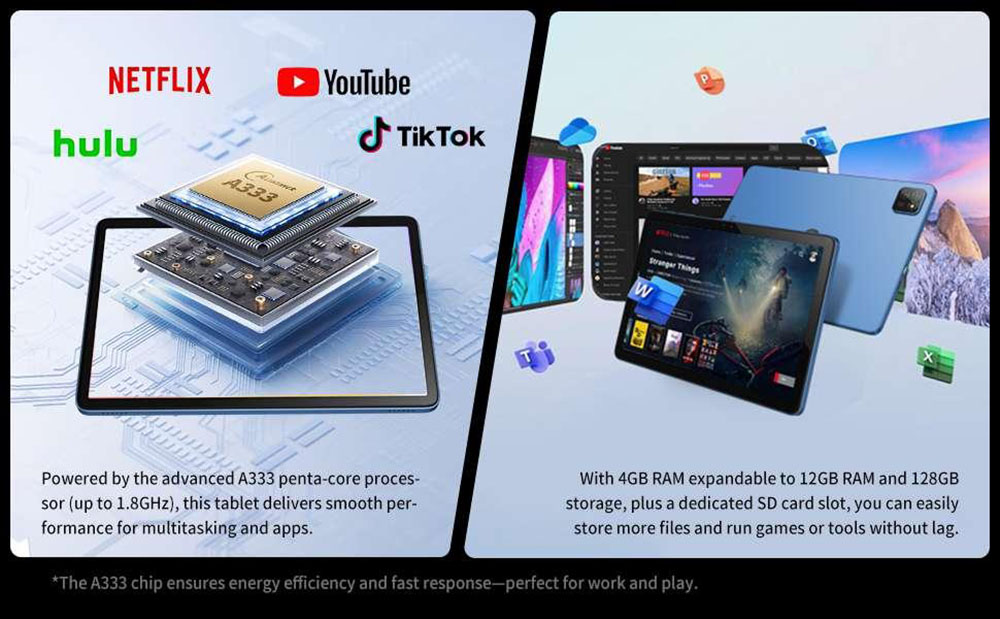 Tablette G-tab T9 Pro, &eacute;cran IPS 10,1 pouces (1280 x 800 pixels), processeur quadric&oelig;ur Allwinner A333, Android 15, 4 Go de RAM, 128 Go de ROM, Wi-Fi double bande 2,4 GHz/5 GHz, Bluetooth 5.0, GPS multi-satellites, double cam&eacute;ra 2 MP + 5 MP, batterie 5500 mAh