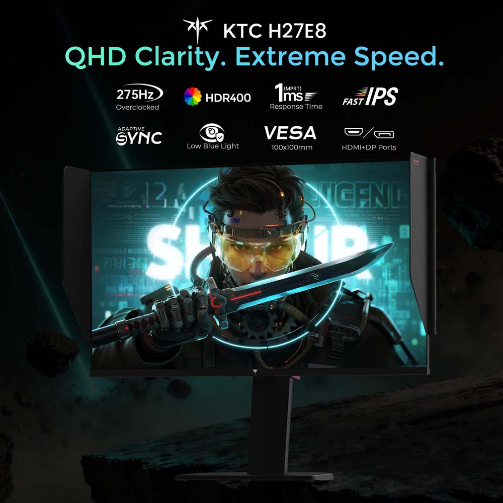 KTC H27E8 Gaming-Monitor, 27-Zoll 2560&times;1440 Fast-IPS-Bildschirm, 240Hz Bildwiederholrate & 275Hz OC, 1ms MPRT-Reaktionszeit, HDR400, FreeSync & G-Sync kompatibel, Blaulichtarm & flimmerfrei, verstellbarer Standfu&szlig; & 100x100mm VESA-Halterung unterst&uuml;tzt