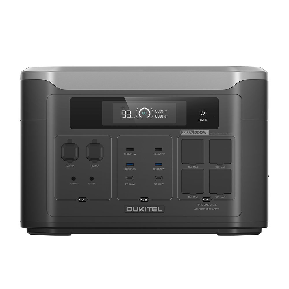 OUKITEL BP3000E Tragbare Powerstation, 2048 Wh LiFePO4-Akku, 3200 W AC-Ausgang (6400 W Spitzenleistung), 4 AC-Ausg&auml;nge, 1000 W MPPT-Solareingang, USV <10 ms, Bluetooth- und WLAN-App-Steuerung, 2 x USB-C PD100W, 2 x USB-A QC3.0