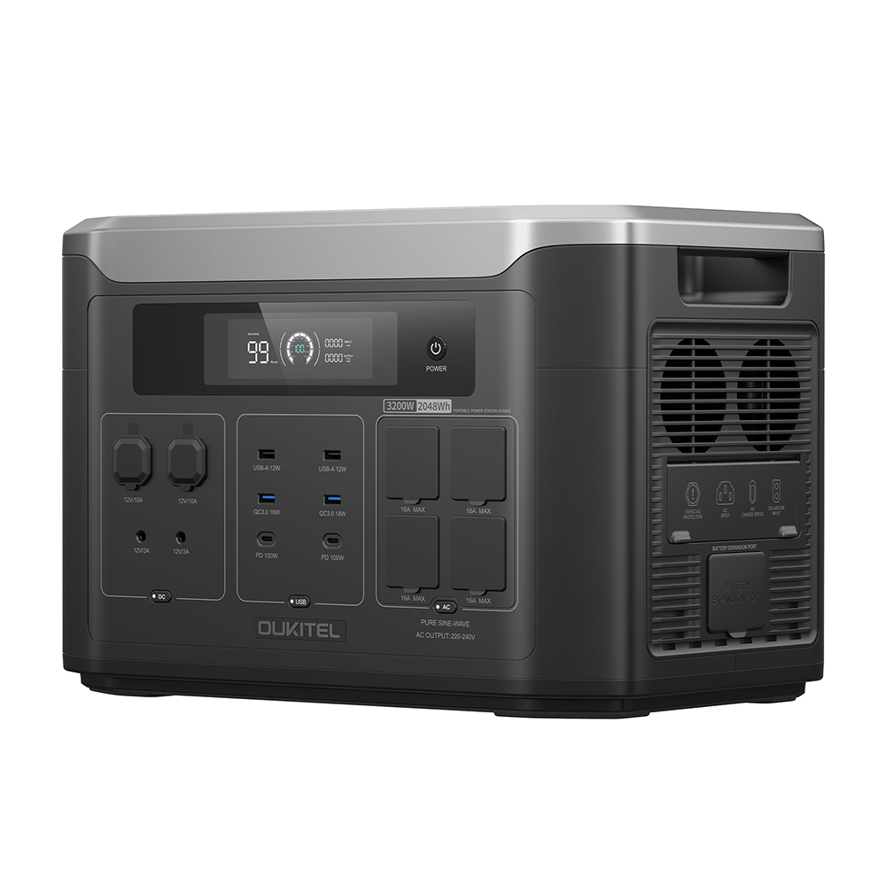 OUKITEL BP3000E Tragbare Powerstation, 2048 Wh LiFePO4-Akku, 3200 W AC-Ausgang (6400 W Spitzenleistung), 4 AC-Ausg&auml;nge, 1000 W MPPT-Solareingang, USV <10 ms, Bluetooth- und WLAN-App-Steuerung, 2 x USB-C PD100W, 2 x USB-A QC3.0
