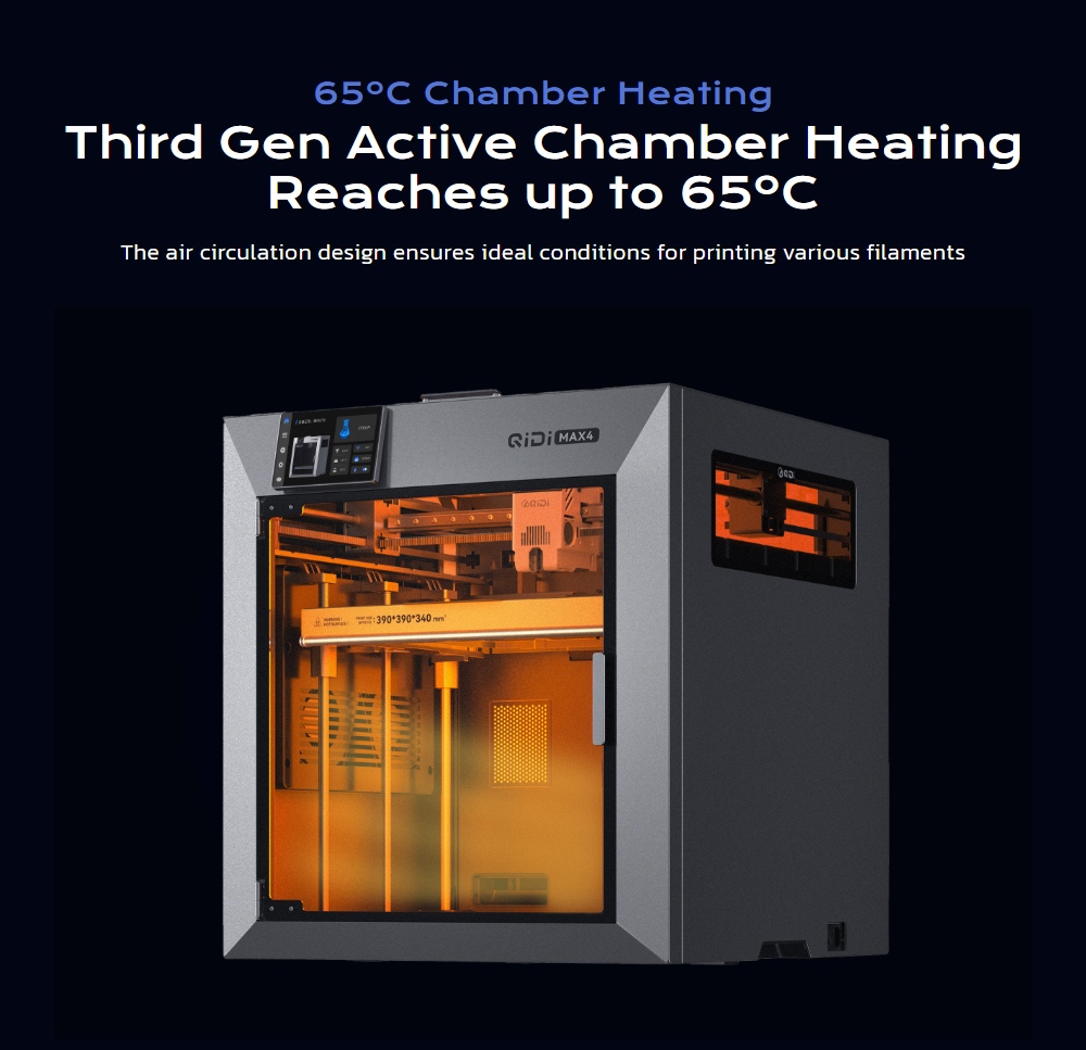 QIDI Max4 3D nyomtat&oacute;, CoreXY rendszer, 800 mm/s sebess&eacute;g, 370 ℃ magas hőm&eacute;rs&eacute;klet, 65 ℃ fűt&ouml;tt kamra, 390 &times; 390 &times; 340 mm &eacute;p&iacute;t&eacute;si t&eacute;rfogat, AI kamera, automatikus szintez&eacute;s, PLA/ABS/ASA/PA/PC/TPU/sz&eacute;nsz&aacute;las kompatibilis - EU csatlakoz&oacute;