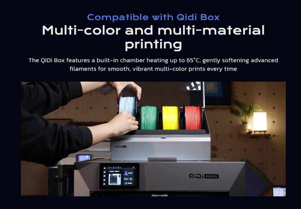 QIDI Max4 Combo 3D nyomtat&oacute;, Ak&aacute;r 16 sz&iacute;n, Automatikus Filamentv&aacute;lt&aacute;s, 65℃ Filamentsz&aacute;r&iacute;t&aacute;s, CoreXY rendszer, 800mm/s sebess&eacute;g, 370℃ Magas hőm&eacute;rs&eacute;klet, 390&times;390&times;340mm nyomtat&aacute;si t&eacute;rfogat, AI kamera, Automatikus szintez&eacute;s - EU csatlakoz&oacute;