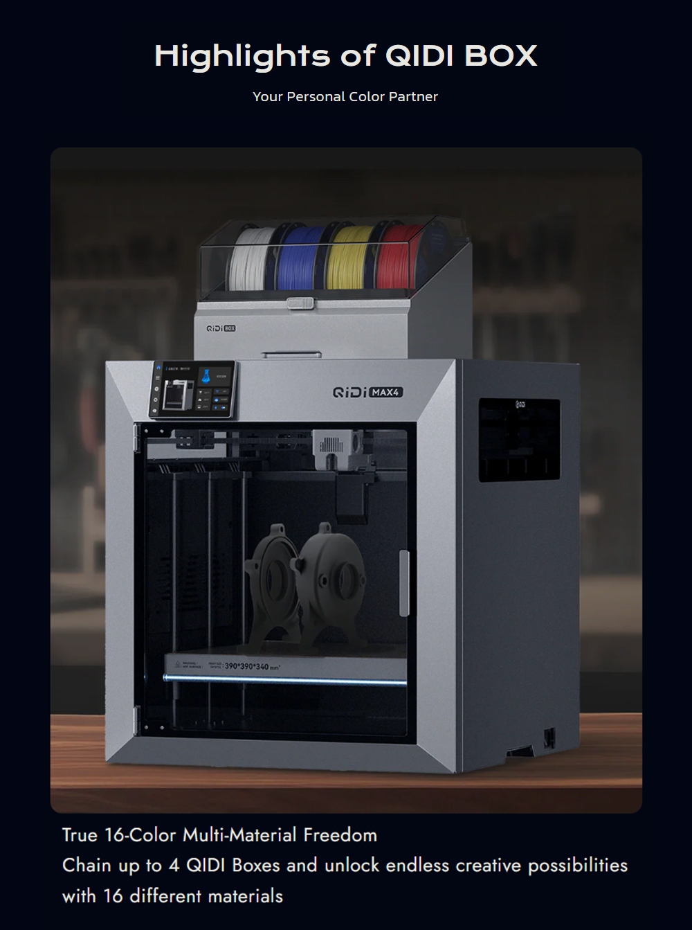 QIDI Max4 Combo 3D Printer, Up to 16 Colors, Auto Filament Switching, 65℃ Filament Drying, CoreXY System, 800mm/s Speed, 370℃ High-Temp, 390&times;390&times;340mm Build Volume, AI Camera, Auto Leveling - US Plug