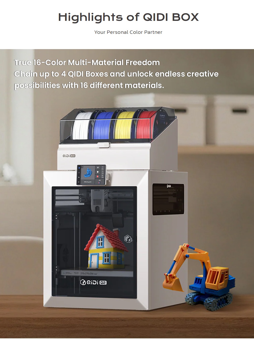 QIDI Q2 Combo 3D Printer, 600mm/s High-Speed Printing, CoreXY, 4-Color Multi-Material Printing, 370°C Hotend, 65°C Heated Chamber, Automatic Leveling, AI Camera Monitoring, Auto Filament Reload, 270×270×256mm Build Volume