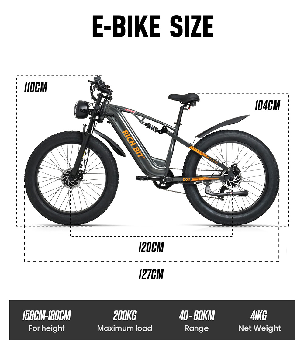 Rich Bit C01 Dupla Motoros Elektromos Ker&eacute;kp&aacute;r, 750W*2, 48V 20Ah Kivehető Akkumul&aacute;tor, 50km/h Max. Sebess&eacute;g, 80km Hat&oacute;t&aacute;vols&aacute;g, 25&deg;-os Emelked&eacute;s, 26 h&uuml;velykes Fat Gumiabroncs, 7 Sebess&eacute;ges V&aacute;lt&oacute;, Első &eacute;s H&aacute;ts&oacute; T&aacute;rcsaf&eacute;k, Teljes Rug&oacute;z&aacute;s