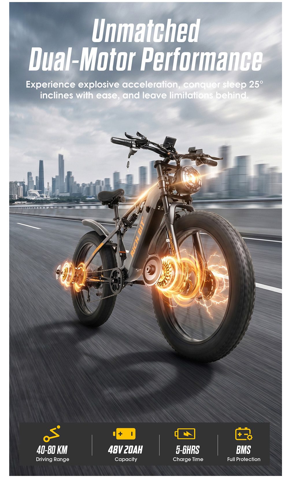 Rich Bit C01 Dupla Motoros Elektromos Ker&eacute;kp&aacute;r, 750W*2, 48V 20Ah Kivehető Akkumul&aacute;tor, 50km/h Max. Sebess&eacute;g, 80km Hat&oacute;t&aacute;vols&aacute;g, 25&deg;-os Emelked&eacute;s, 26 h&uuml;velykes Fat Gumiabroncs, 7 Sebess&eacute;ges V&aacute;lt&oacute;, Első &eacute;s H&aacute;ts&oacute; T&aacute;rcsaf&eacute;k, Teljes Rug&oacute;z&aacute;s