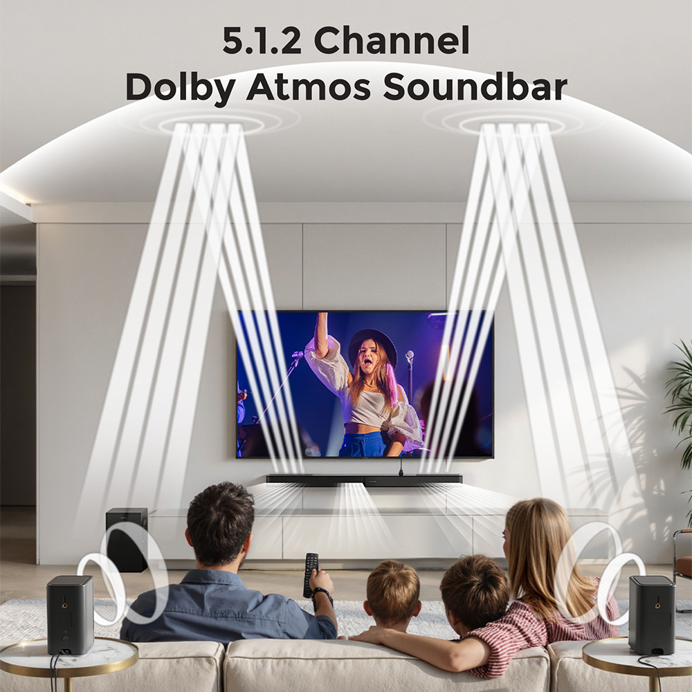 Barre de son Ultimea Skywave F40 Boom 5.1.2, syst&egrave;me audio surround Dolby Atmos, HDMI eARC, 8 haut-parleurs, Bluetooth 5.4, contr&ocirc;le par application, basses r&eacute;glables, caisson de basses et enceintes arri&egrave;re sans fil