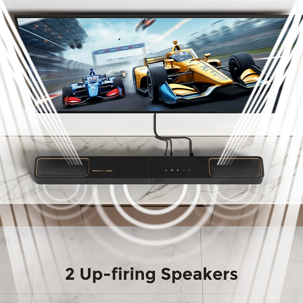 Barre de son Ultimea Skywave F40 Boom 5.1.2, syst&egrave;me audio surround Dolby Atmos, HDMI eARC, 8 haut-parleurs, Bluetooth 5.4, contr&ocirc;le par application, basses r&eacute;glables, caisson de basses et enceintes arri&egrave;re sans fil