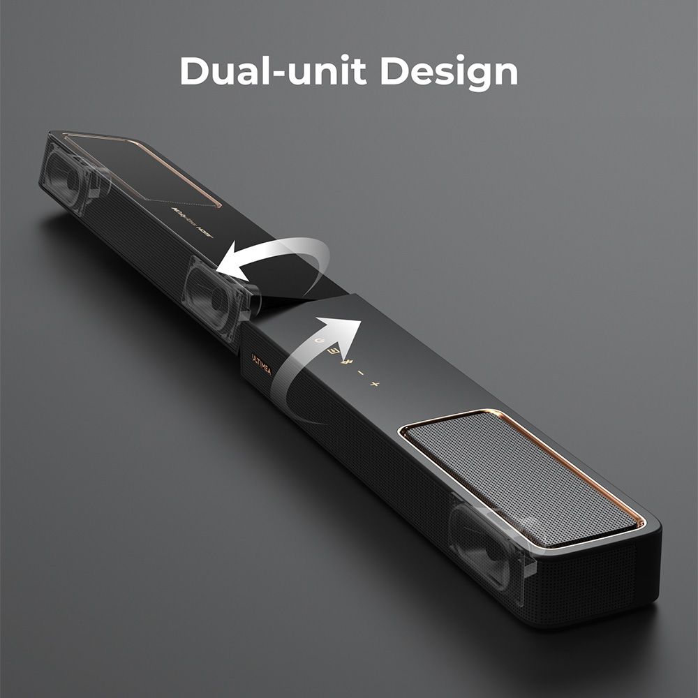 Barre de son Ultimea Skywave F40 Boom 5.1.2, syst&egrave;me audio surround Dolby Atmos, HDMI eARC, 8 haut-parleurs, Bluetooth 5.4, contr&ocirc;le par application, basses r&eacute;glables, caisson de basses et enceintes arri&egrave;re sans fil