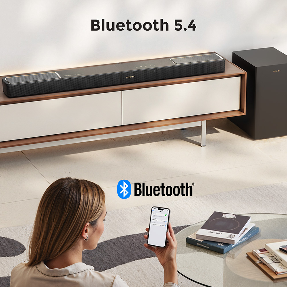 Barre de son Ultimea Skywave F40 Boom 5.1.2, syst&egrave;me audio surround Dolby Atmos, HDMI eARC, 8 haut-parleurs, Bluetooth 5.4, contr&ocirc;le par application, basses r&eacute;glables, caisson de basses et enceintes arri&egrave;re sans fil